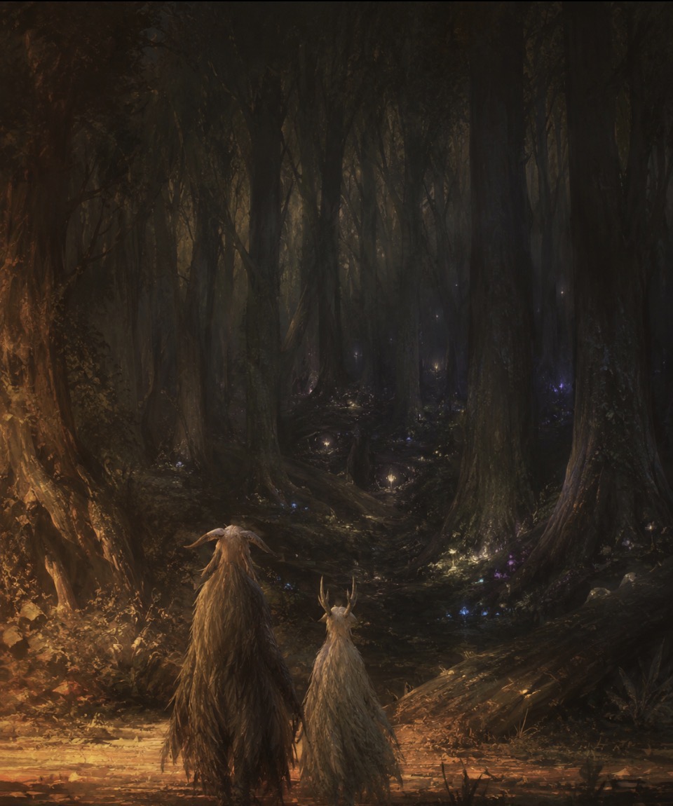 Two creatures at the edge of a forest — illustration for The Edge of the Unknown by Tamara Skjolden