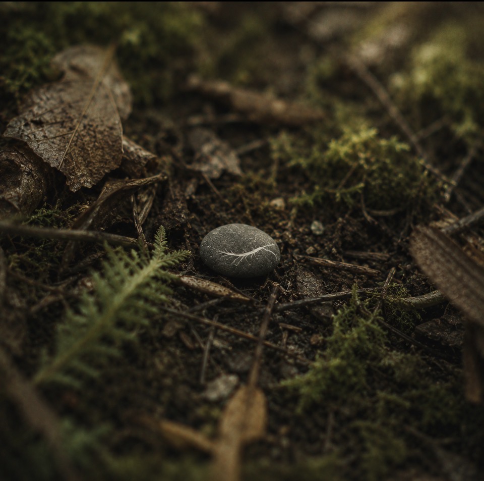 A smooth grey stone with a pale streak, found in the forest — photograph for Before the Fire by Tamara Skjolden